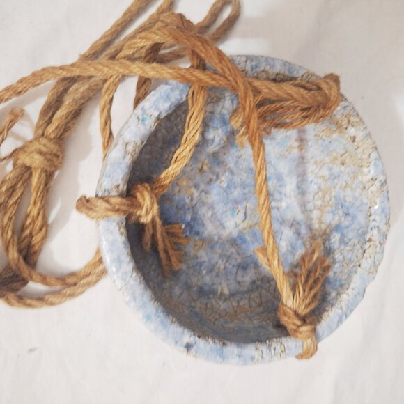 Anthropologie Rope Hanging Earthenware Planter Crackle Blue Glaze 7” Unused - Picture 3 of 6